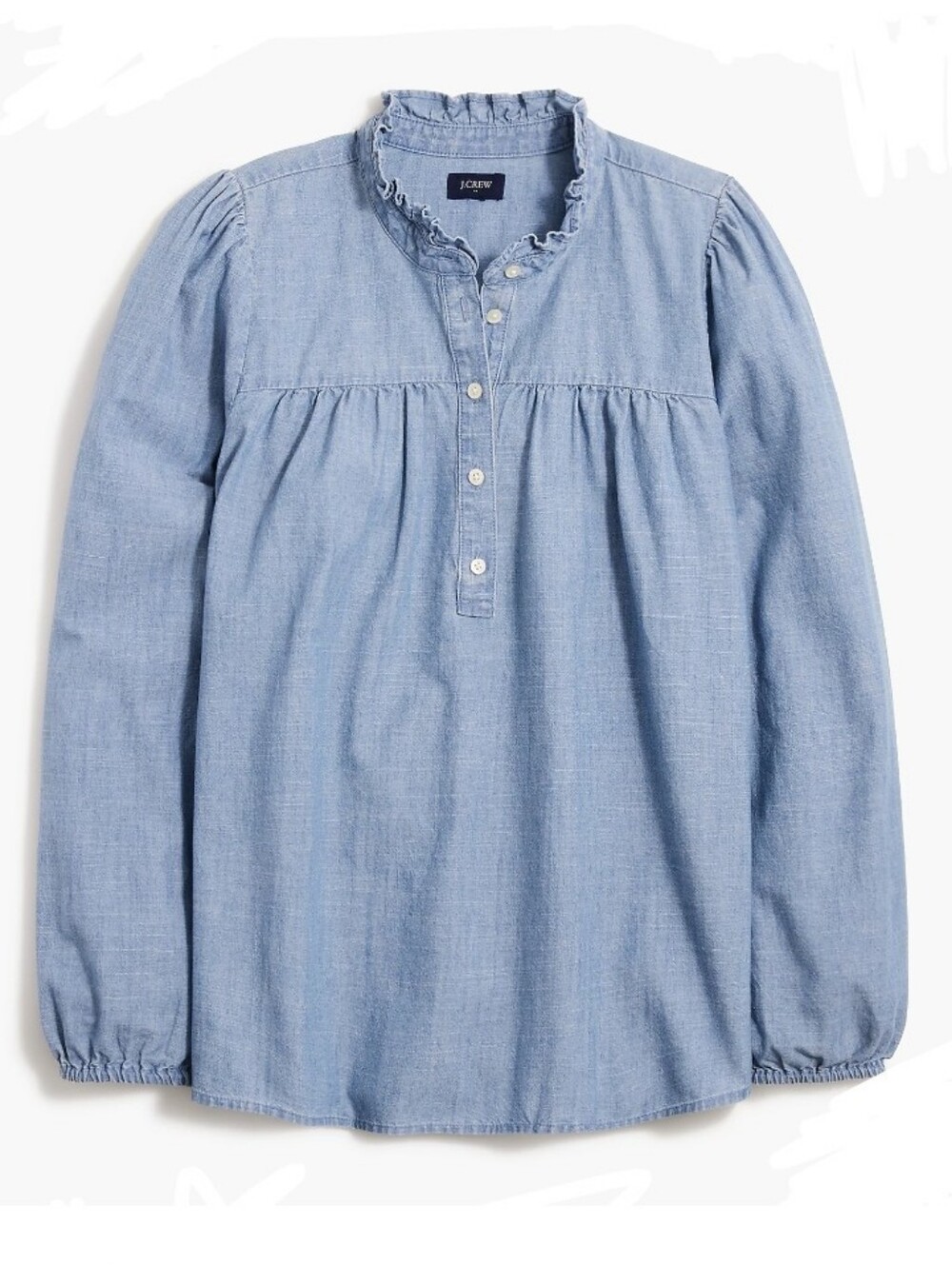J Crew Chambray Blouse With Ruffle Neckline